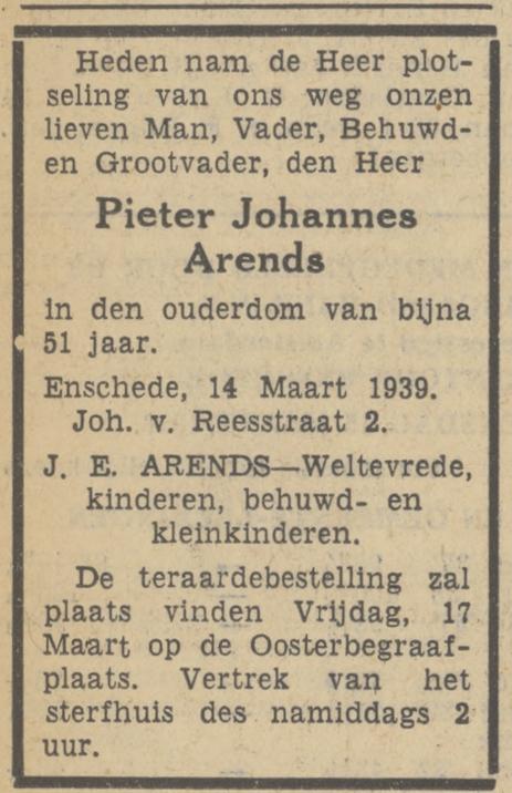 Johan van Reesstraat 2 P.J. Arends overlijdensadvertentie Tubantia 15-3+-1939.jpg
