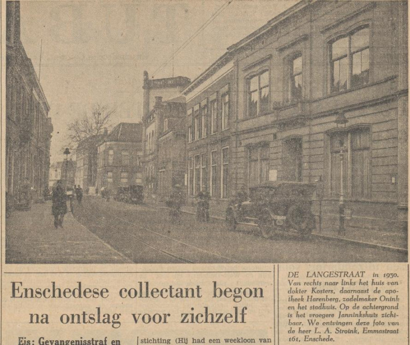 Langestraat 30-38  richting hoek Hofstraat oude stadhuis 38 in 1930 daarnaast 36 zadelmaker Onink dan 32-34 apotheek Harenberg dan 30 huis dokter Kosters krantenfoto Tubantia 25-5-1954.jpg