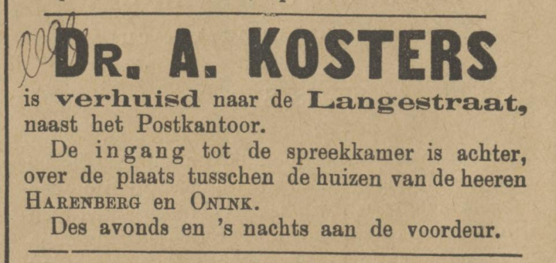 Langestraat 30 Dr. A. Kosters advertentie Tubantia 21-11-1885.jpg