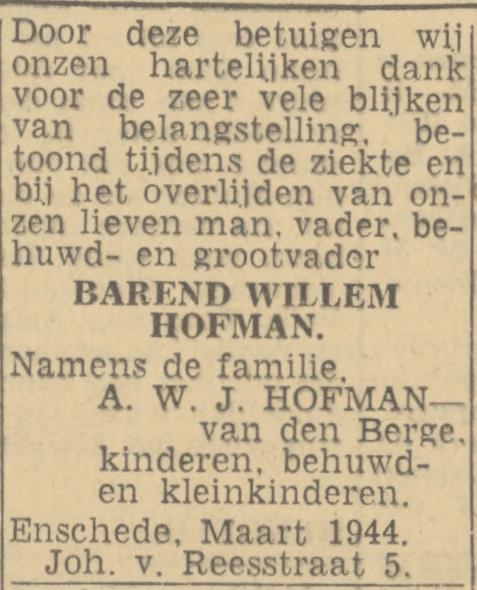 Johan van Reesstraat 5 B.W. Hofman advertentie Twentsch nieuwsblad 9-3-1944.jpg