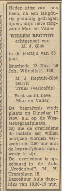 Johan Wijnoltstraat 138 Willem Regtuit overlijdensadvertentie Tubantia 14-11-1959.jpg