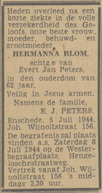 Johan Wijnoltstraat 156 H. Peters-Blom overlijdensadvertentie Twentsch nieuwsblad 7-7-1944.jpg