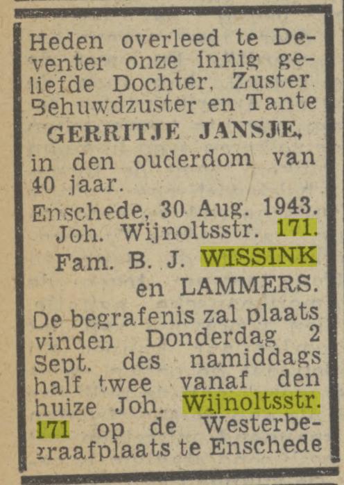 Johan Wijnoltsstraat 171 G.J. Wissink overlijdensadvertentie Twentsch nieuwsblad 31-8-1943.jpg