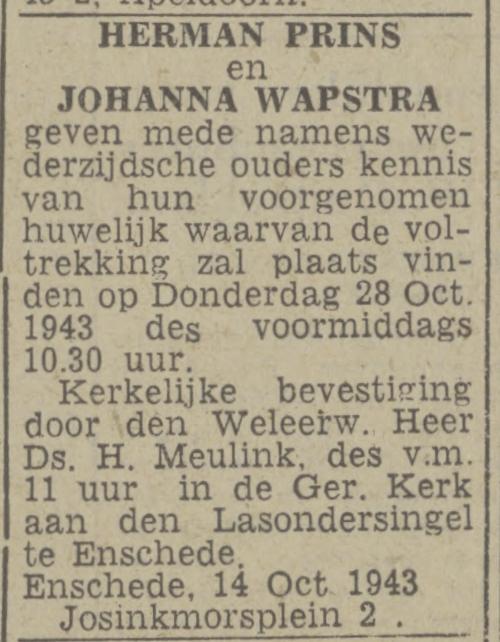 Josinkmorsplein 2 J. Wapstra advertentie Twentsch nieuwsblad 15-10-1943.jpg