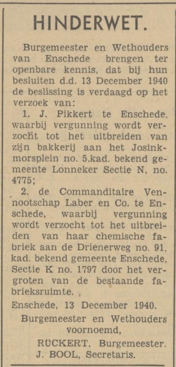 Josinkmorsplein 5 J. Pikkert bakkerij advertentie Tubantia 31-12-1940.jpg