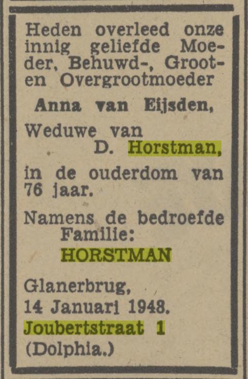 Joubertstraat 1 Dolphia Glanerbrug A. Horstan-van Eijsden overlijdensadvertentie Tubantia 15-1-1948.jpg