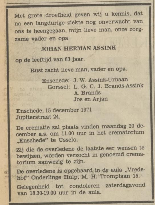 Jupiterstraat 24 J.H. Assink overlijdensadvertentie Tubantia 16-12-1971.jpg