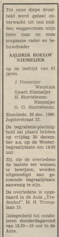 Jupiterstraat 22 A.R. Niemeijer overlijdensadvertentie Tubantia 27-12-1966.jpg