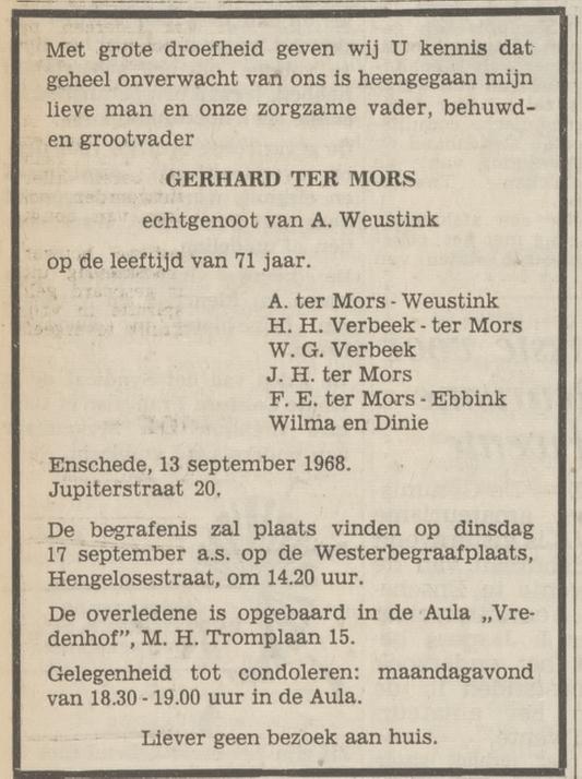 Jupiterstraat 20 G. ter Mors overlijdensadvertentie Tubantia 14-9-1968.jpg