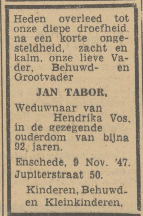 Jupiterstraat 50 Jan Tabor overlijdensadvertentie Tubantia 11-11-1947.jpg