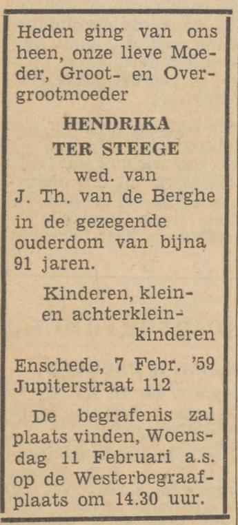Jupiterstraat 100 Wed. H. van den Berghe-ter Steege overlijdensadvertentie Tubantia 9-2-1959.jpg