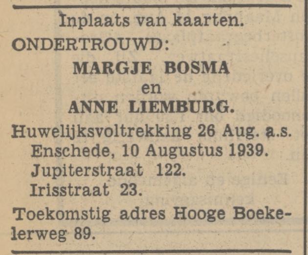 Jupiterstraat 122 Margje Bosma advertentie Tubantia 11-8-1939.jpg