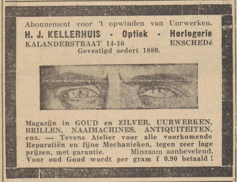 Kalanderstraat 14-16 H.J. Kellerhuis optiek horlogerie advertentie De Volkskrant 13-7-1934.jpg