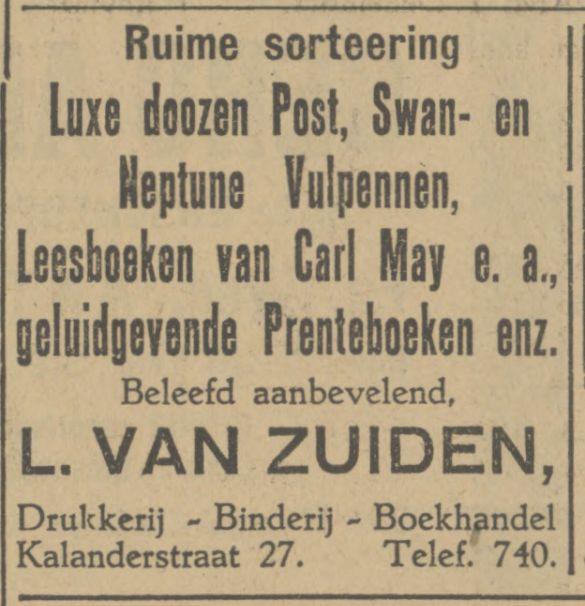 Kalanderstraat 27 Drukkerij Boekhandel L. van Zuiden advertentie Tubantia 1-12-1926.jpg