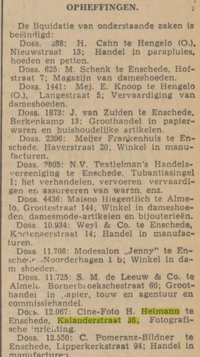 Kalanderstraat 36 Cine-Foto H. Heimann fotografische inrichting krantenbericht Tubantia 4-11-1942.jpg