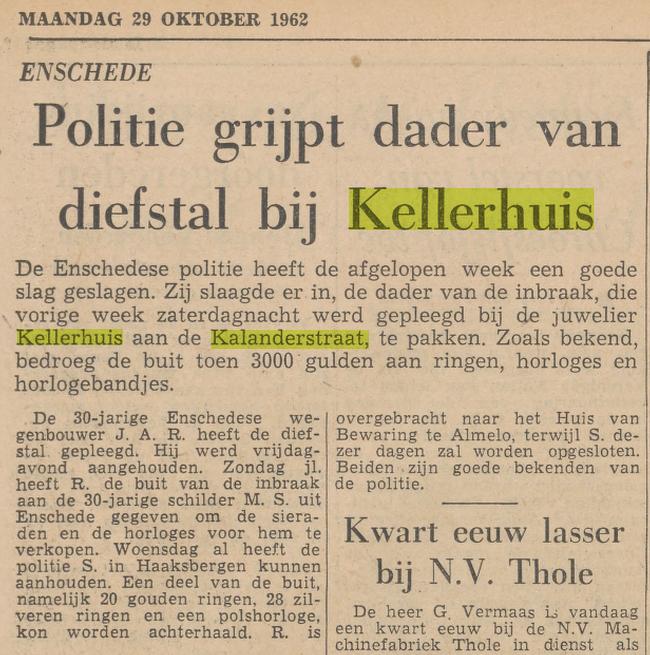 Kalanderstraat 14 inbraak bij juwelier Kellerhuis krantenbericht Tubantia 29-10-1962.jpg
