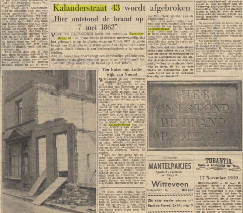 Klalanderstraat 43 sloop pand met gevelsteen op plek Hier ontstond de brand van 1862 krantenbericht Tubantia 17-11-1960.jpg
