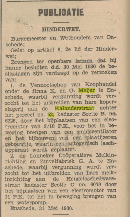 Kalanderstraat 52 Fa. K. en G. Meijer koperslagerij krantenbericht Tubantia 3-6-1930.jpg