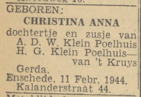 Kalanderstraat 44 A.D.W. Klein Poelhuis advertentie Twentsch nieuwsblad 12-2-1944.jpg