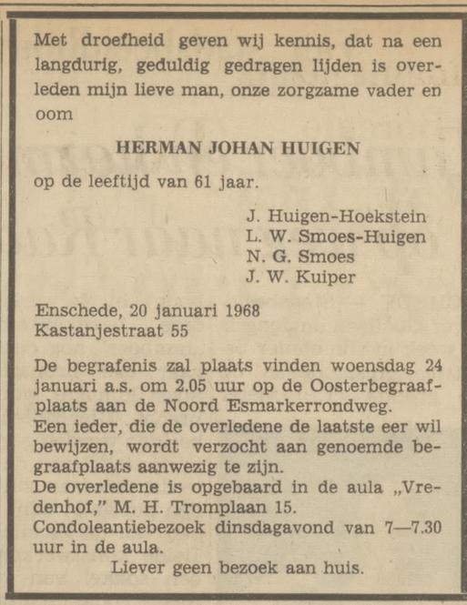 Kastanjestraat 55 H.J. Huigen overlijdensadvertentie Tubantia 22-1-1968.jpg