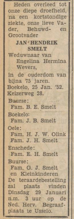 Keizerweg 28 Boekelo J.H. Smelt overlijdensadvertentie Tubantia 28-1-1952.jpg