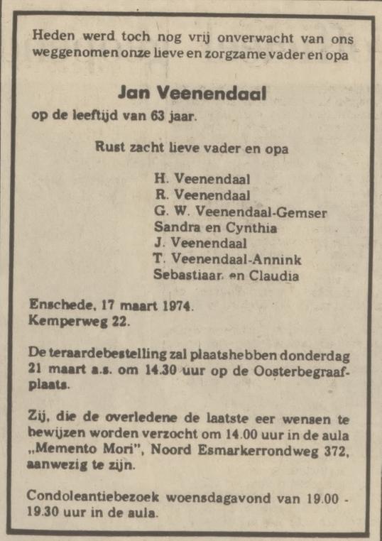 Kemperweg 22 Jan Veenendaal overlijdensadvertentie Tubantia 19-3-1974.jpg