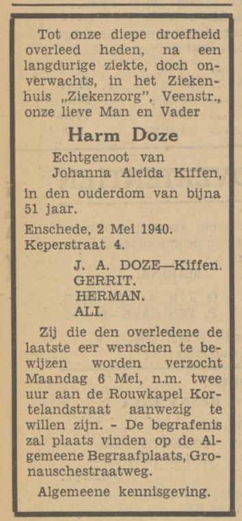 Keperstraat 4 Harm Doze overlijdensadvertentie Tubantia 3-5-1940.jpg