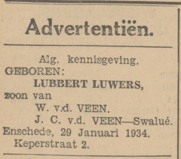 Keperstraat 2 W. van der Veen advertentie Tubantia 29-1-1934.jpg