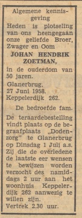 Keppelerdijk 262 Glanerbrug J.H. Zoetman overlijdensadvertentie Tubantia 28-6-1958.jpg