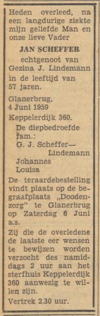 Keppelerdijk 360 Glanerbrug J. Scheffer overlijdensadvertentie Tubantia 4-6-1959.jpg