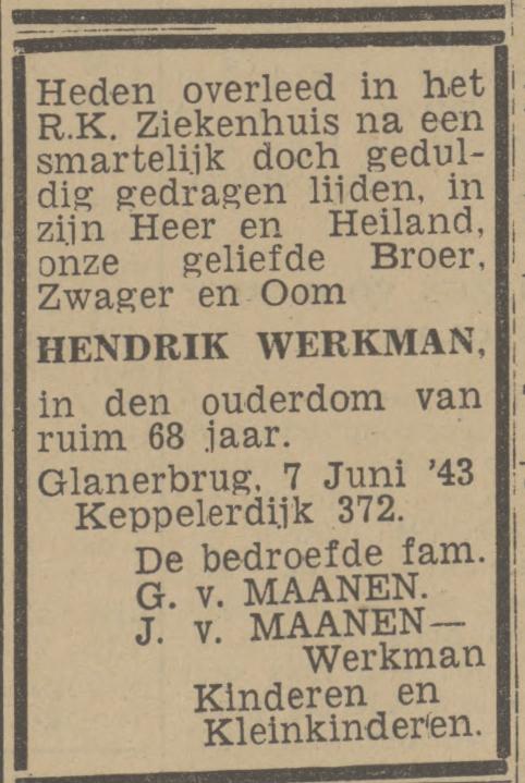 Keppelerdijk 372 Glanerbrug H. Werkman overlijdensadvertentie Twentsch nieuwsblad 8-6-1943.jpg