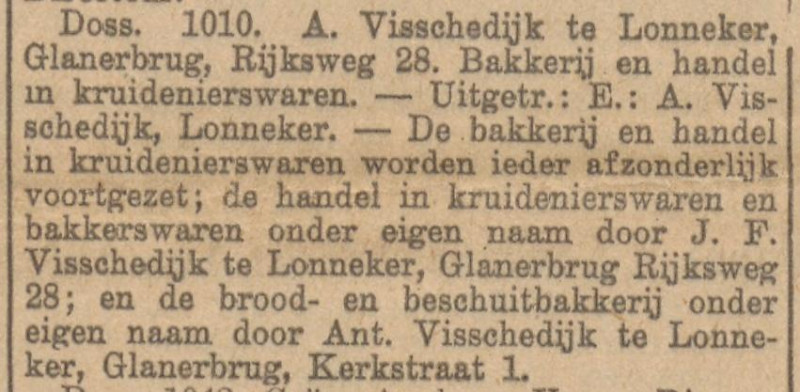 Kerkstraat 1 Glanerbrug Ant. Visschedijk broodbakkerij krantenbericht 1-7-1931.jpg