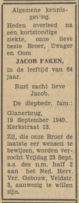 Kerkstraat 13 Glanerbrug Jacob Faken overlijdensaadvertentie Tubantia 20-9-1949.jpg