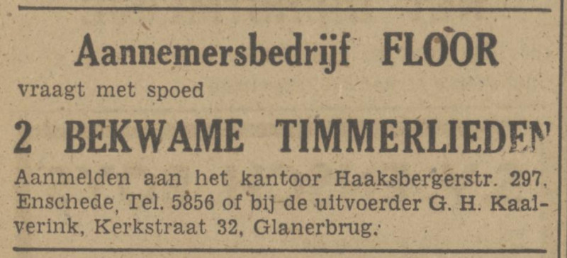 Kerkstraat 32 Glanerbrug G.H. Kaalverink uitvoerder advertentie Tubantia 19-6-1948.jpg
