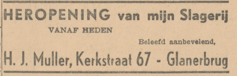 Kerkstraat 67 slagerij H.J. Muller advertentie Twentsche Courant 21-4-1945.jpg