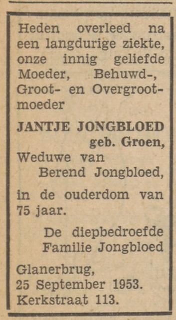 Kerkstraat 75 Glanerbrug Wed. J. Jongbloed-Groen overlijdensadvertentie Tubantia 26-9-1953.jpg
