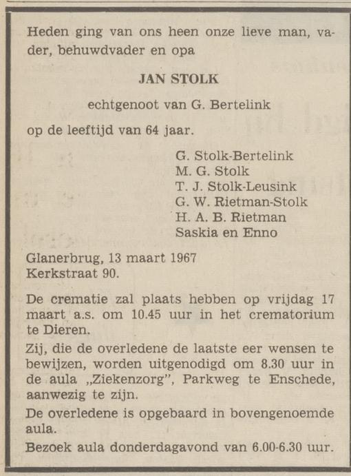 Kerkstraat 90 Glanerbrug Jan Stolk overlijdensadvertentie Tubantia 15-3-1967.jpg