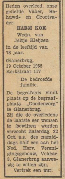 Kerkstraat 117 Glanerbrug Harm Kok overlijdensadvertentie Tubantia 20-10-1955.jpg