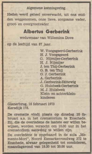 Kersdijk 175 Glanerbrug A. Gerberink overlijdensadvertentie Tubantia 17-2-1973.jpg