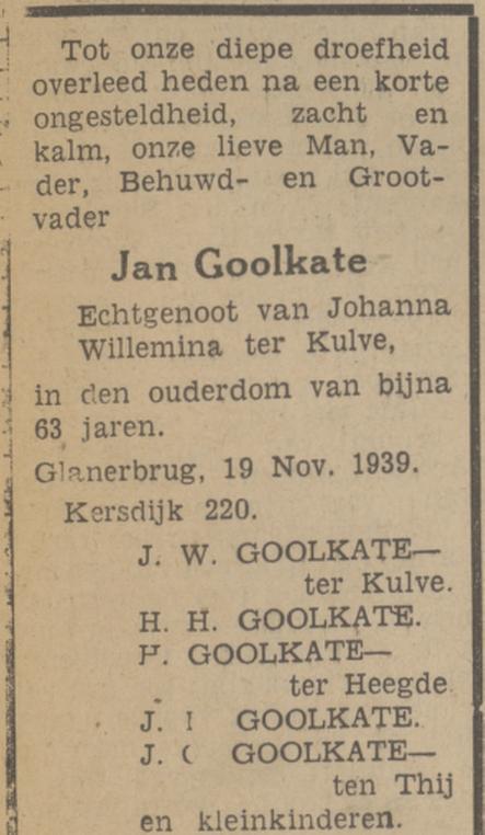 Kersdijk 220 Glanerbrug Jan Goolkate overlijdensadvertentie Tubantia 24-11-1939.jpg
