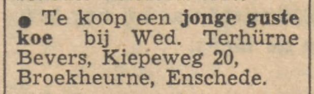 Kiepeweg 20 Broekheurne Wed. Terhürne Bevers advertentie Tubantia 5-5-1956.jpg