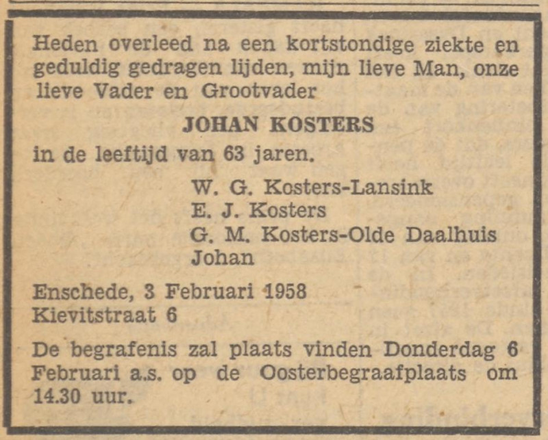 Kievitstraat 6 Johan Kosters overlijdensadvertentie Tubantia 4-2-1958.jpg