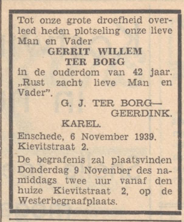 Kievitstraat 2 G.W. ter Borg overlijdensadvertentie Zaans volksblad 8-11-1939.jpg