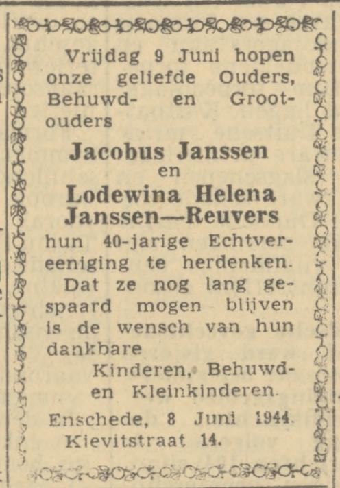 Kievitstraat 14 Jacobus Janssen advertentie Twentsch nieuwsblad 8-6-1944.jpg