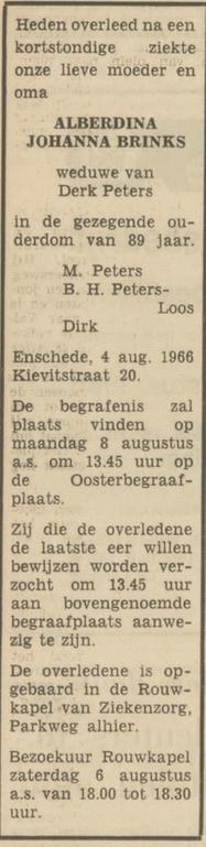 Kievitstraat 20 Wed. A.J. Peters-Brinks overlijdensadvertentie Tubantia 5-8-1966.jpg