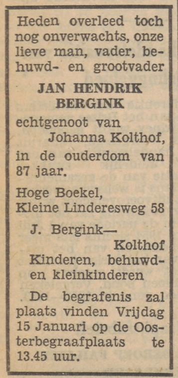 Kleine Linderesweg 58 Hoge Boekel J.H. Bergink overlijdensadvertentie Tubantia 13-1-1954.jpg