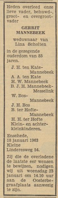 Kleine Linderesweg 54 Gerrit Mannebeek overlijdensadvertentie Tubantia 19-1-1963.jpg