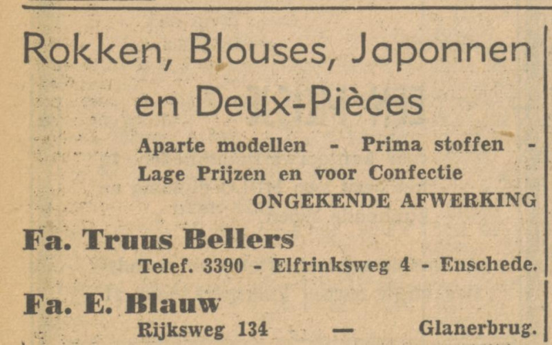 Elferinksweg 4 Fa. Truus Bellers advertentie Tubantia 27-4-1951.jpg