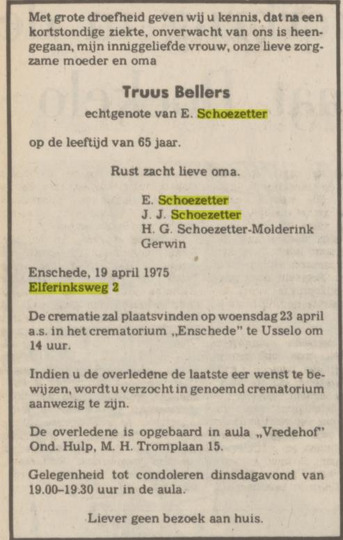 Elferinksweg 2 Truus Schoezetter-Bellers overlijdensadvertentie Tubantia 21-4-1975.jpg