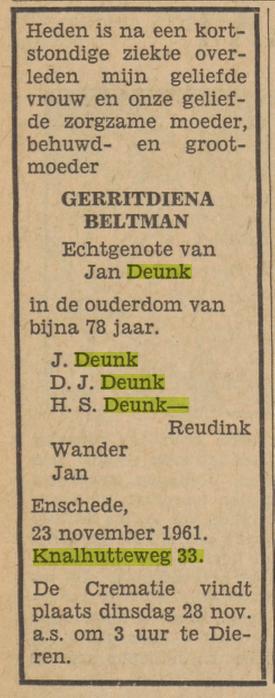 Knalhutteweg 33 G. Deunk-Beltman overlijdensadvertentie Tubantia 24-11-1961.jpg
